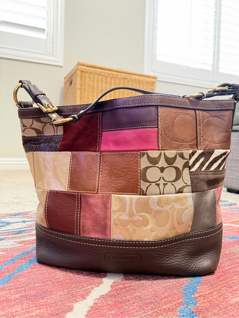 Coach Patchwork Shoulder Bag - Brown, Pink, Tan, Cream